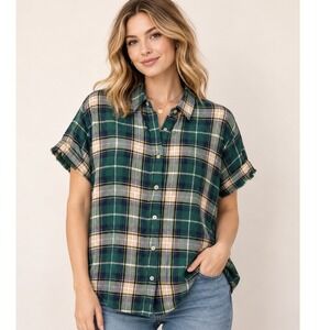 Day + Moon Green Plaid Oversized Button Down Shirt Women's M Relaxed Fit